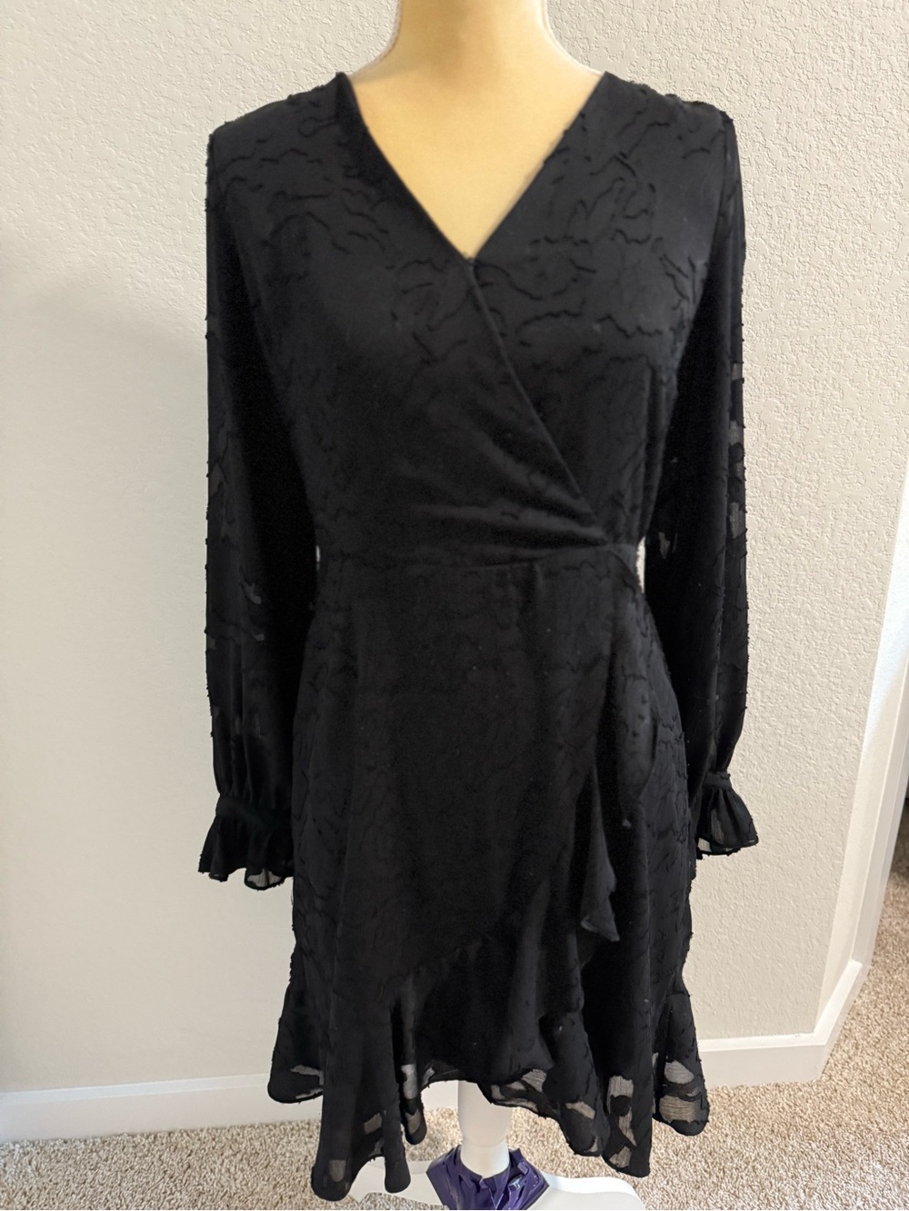 Skies Are Blue Black Long-Sleeve Wrap-Style Ruffle Dress